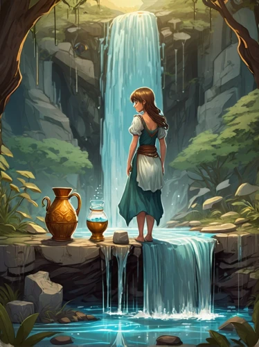 woman at the well,wishing well,water nymph,water fall,mountain spring,water spring,idyll,waterfall,watering hole,water fountain,romantic scene,water falls,hot spring,wasserfall,serenade,baptism of christ,druids,watering,game illustration,water well,Conceptual Art,Fantasy,Fantasy 02