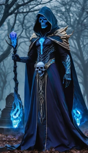 blue enchantress,undead warlock,dodge warlock,grimm reaper,magistrate,magus,dark elf,sorceress,death god,mage,grim reaper,skeleltt,magic grimoire,cleanup,vax figure,dane axe,the collector,aesulapian staff,summoner,reaper,Conceptual Art,Sci-Fi,Sci-Fi 04