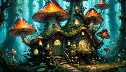 mushroom landscape,fairy house,fairy village,witch's house,house in the forest,mushroom island,fairy forest,fairy chimney,scandia gnomes,fairy world,tree house,dandelion hall,gnomes,treehouse,fairy tale castle,enchanted forest,tree house hotel,fairytale forest,forest mushroom,witch house,Illustration,Realistic Fantasy,Realistic Fantasy 03