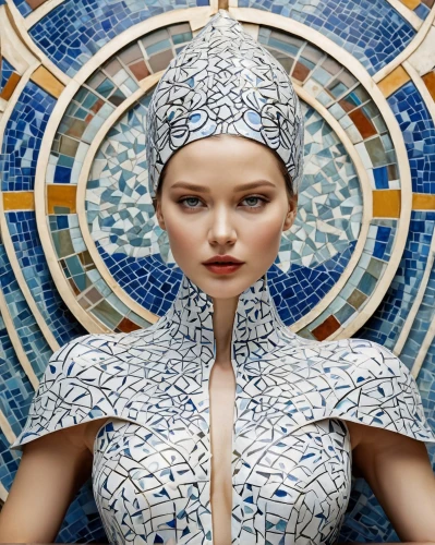 blue and white porcelain,porcelaine,suit of the snow maiden,headpiece,beautiful bonnet,blue and white china,headdress,ethnic design,white and blue china,bonnet,sacred geometry,turban,porcelain,mazarine blue,russian folk style,bodypaint,blue peacock,ceramic tile,indian headdress,artist's mannequin