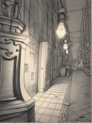 narrow street,alleyway,alley,street lamps,gas lamp,old linden alley,passage,backgrounds,store fronts,townscape,game drawing,thoroughfare,blind alley,street lamp,street scene,the street,street lights,arcades,the cobbled streets,streetlamp,Design Sketch,Design Sketch,Pencil