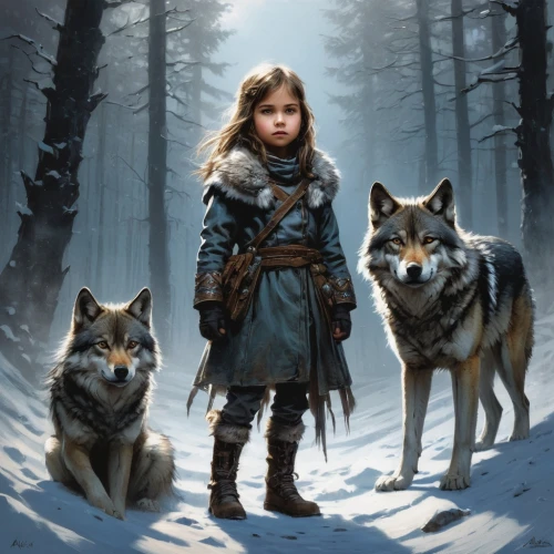 wolves,wolf hunting,heroic fantasy,gray wolf,girl with dog,protectors,wolf pack,two wolves,european wolf,wolf,howling wolf,children of war,child fox,lone warrior,fantasy portrait,bran,fantasy picture,nordic,fantasy art,female warrior,Conceptual Art,Fantasy,Fantasy 12
