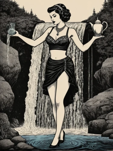 water nymph,mountain spring,water-the sword lily,the blonde in the river,art deco woman,aquarius,woman at the well,tap water,retro 1950's clip art,water fall,fetching water,cd cover,horoscope libra,tour to the sirens,the zodiac sign pisces,water power,pisces,water filter,water tap,water withdrawal,Illustration,Black and White,Black and White 09