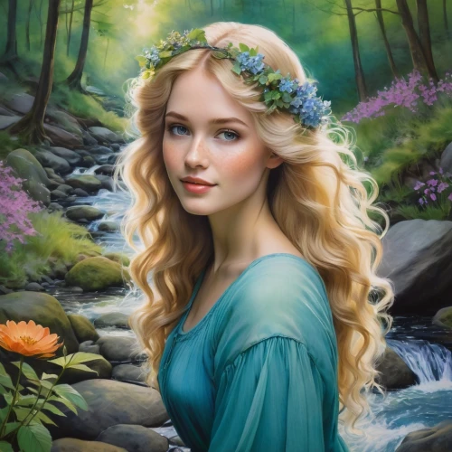 fantasy portrait,faerie,celtic woman,faery,fairy queen,fantasy picture,jessamine,fantasy art,elsa,the blonde in the river,fairy tale character,mystical portrait of a girl,beautiful girl with flowers,fae,girl in flowers,romantic portrait,enchanting,elven flower,oil painting on canvas,fairy,Illustration,Realistic Fantasy,Realistic Fantasy 30