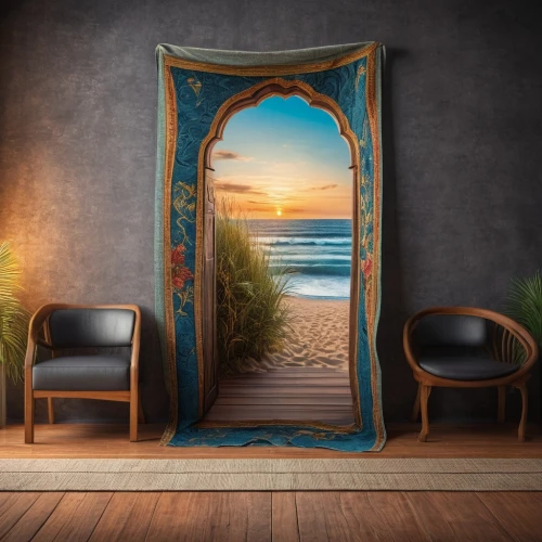 window with sea view,fire screen,screen door,art deco frame,beach furniture,beach hut,decorative frame,window curtain,wall decor,wall decoration,a curtain,theater curtain,room divider,beach landscape,stage curtain,window treatment,beach chair,doorway,theater curtains,3d background,Photography,General,Fantasy
