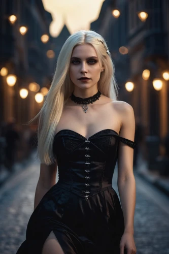 femme fatale,vampire woman,bylina,blonde woman,celtic woman,gothic dress,black dress,gothic woman,in a black dress,latex clothing,celtic queen,sofia,vampire lady,gothic fashion,fantasy woman,sexy woman,gothic portrait,goth woman,black dress with a slit,little black dress,Photography,General,Cinematic