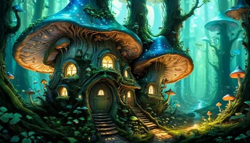 mushroom landscape,mushroom island,fairy house,fairy village,fairy forest,house in the forest,forest mushroom,forest mushrooms,elven forest,fairy world,mushrooms,blue mushroom,tree mushroom,enchanted forest,fairy chimney,fairytale forest,fantasy landscape,tree house,brown mushrooms,witch's house,Illustration,Realistic Fantasy,Realistic Fantasy 03