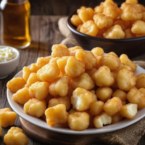 curds,cheese puffs,cheese cubes,caramel corn,chickpea,loukoumades,gnocchi,cheese holes,fried cauliflower,cheese bread,hominy,macadamia,parmesan wafers,fried potatoes,yellow raspberries,fritters,caramelized peanuts,potatoes,corn kernels,honey dipper,Photography,General,Realistic