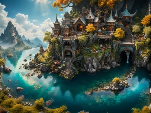 fantasy landscape,fairy village,3d fantasy,fantasy picture,fantasy art,mountain settlement,water castle,fairy tale castle,fantasy world,artificial island,floating islands,world digital painting,floating island,bird kingdom,fairy world,mushroom island,cave on the water,ancient city,fantasy city,fairy chimney,Photography,General,Fantasy