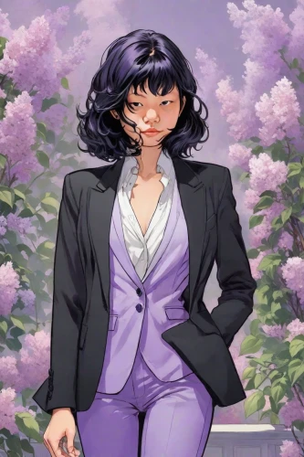 navy suit,business woman,businesswoman,japanese sakura background,gloxinia,wedding suit,la violetta,pantsuit,hinata,fuki,business girl,suit,flower background,lilac bouquet,veil purple,vanessa (butterfly),purple background,violet,hydrangea background,business women,Digital Art,Comic