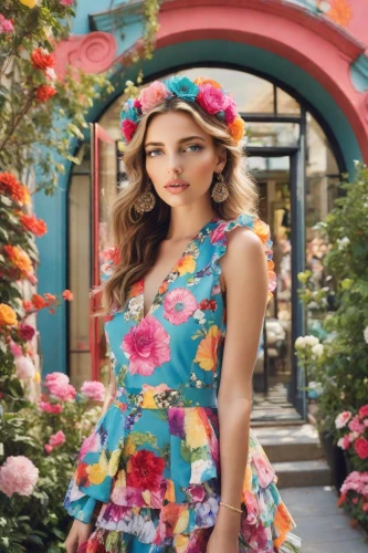 colorful floral,flower wall en,floral dress,girl in flowers,floral,beautiful girl with flowers,floral background,vintage floral,girl in a wreath,bright flowers,flowery,retro flowers,colorful,flower background,colorful daisy,colorful flowers,zinnias,flower fabric,flower shop,tropical bloom,Photography,Realistic