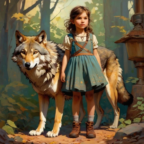 girl with dog,two wolves,fantasy portrait,fantasy picture,little boy and girl,european wolf,woodland animals,fantasy art,gray wolf,world digital painting,fairy tale character,little red riding hood,child fox,wolf couple,forest animals,lion children,mystical portrait of a girl,digital painting,wolves,companion dog,Conceptual Art,Fantasy,Fantasy 18