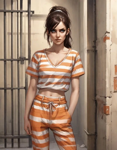 prisoner,prison,croft,jumpsuit,detention,chainlink,criminal,handcuffed,horizontal stripes,in custody,tied up,shackles,nora,barred,arbitrary confinement,stripped leggings,cg artwork,orange,theft,arrest,Digital Art,Comic