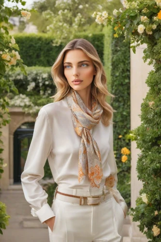 menswear for women,woman in menswear,gardenia,garden white,orange blossom,blouse,women fashion,elegant,flower wall en,apricot,neutral color,gold-pink earthy colors,gold stucco frame,peach color,crape jasmine,thymes,vintage floral,flowered tie,white silk,elegance,Photography,Realistic