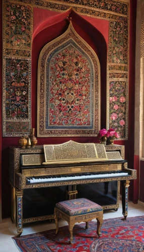 harpsichord,moroccan pattern,fortepiano,ottoman,tapestry,player piano,prayer rug,grand piano,indian musical instruments,rug,flying carpet,the piano,ornate room,persian norooz,interior decor,persian architecture,amber fort,spinet,danish room,santoor,Photography,General,Realistic