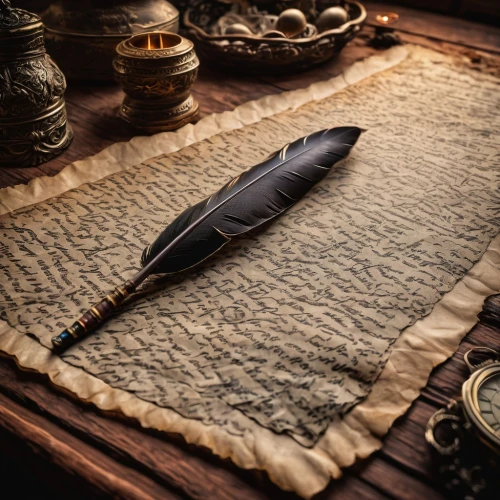 raven's feather,black feather,feather pen,writing instrument accessory,hawk feather,hunting knife,feather on water,writing accessories,feather jewelry,pigeon feather,feather,quill pen,writing implements,swan feather,fishing lure,writing implement,antique background,quill,peacock feather,paper scroll,Photography,General,Fantasy