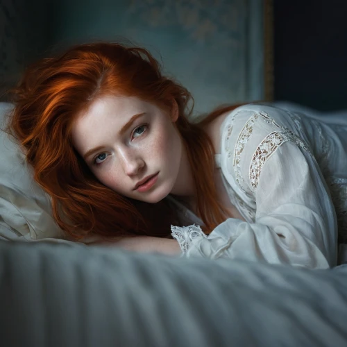 woman on bed,girl in bed,romantic portrait,red-haired,redhead doll,redheads,red head,portrait of a girl,redhead,redhair,young woman,woman portrait,redheaded,elizabeth i,portrait photography,moody portrait,bed,relaxed young girl,girl portrait,woman laying down,Conceptual Art,Fantasy,Fantasy 11