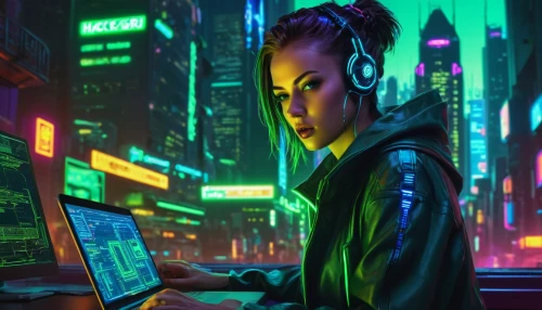 cyberpunk,girl at the computer,cyber,operator,cyberspace,world digital painting,night administrator,coder,cyber crime,neon human resources,hacking,women in technology,lan,sci fiction illustration,cyber glasses,computer addiction,computer art,kasperle,computer,music background,Conceptual Art,Sci-Fi,Sci-Fi 26
