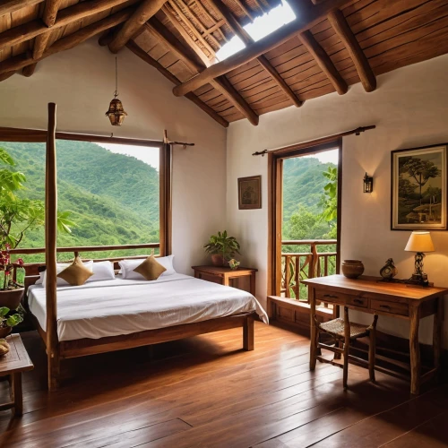 tree house hotel,the cabin in the mountains,eco hotel,boutique hotel,sleeping room,chalet,wooden floor,holiday villa,great room,thai massage,guesthouse,wooden roof,vietnam,wooden windows,laos,house in mountains,guest room,bedroom window,roof landscape,tropical house,Photography,General,Realistic