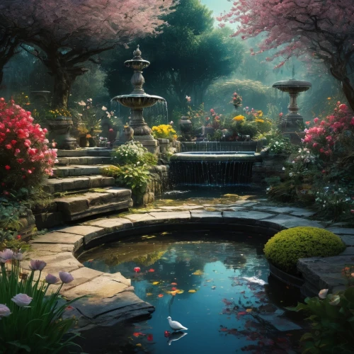 garden pond,japan garden,japanese garden,koi pond,lily pond,wishing well,japanese garden ornament,bird kingdom,fountain pond,secret garden of venus,english garden,nature garden,flower garden,lilly pond,spring background,zen garden,garden of eden,spring garden,fairy world,crescent spring,Photography,General,Fantasy