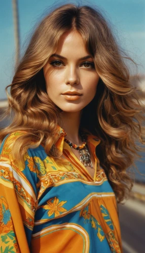 60s,70s,caramel color,ann margarett-hollywood,1971,gena rolands-hollywood,kimono,brooke shields,1967,orange,sea beach-marigold,layered hair,vintage woman,70's icon,paloma,airbrushed,blouse,retro woman,vicuña,color image,Illustration,Retro,Retro 02