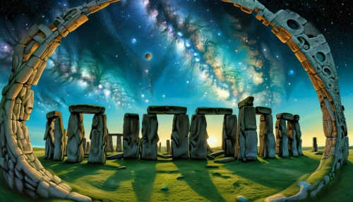 stargate,stone henge,stonehenge,megalithic,stone circle,megaliths,stone circles,ring of brodgar,summer solstice,druids,neo-stone age,solstice,spring equinox,neolithic,semi circle arch,chambered cairn,standing stones,the ancient world,portals,celtic tree,Illustration,Realistic Fantasy,Realistic Fantasy 03