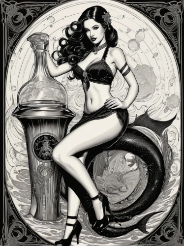 the sea maid,barmaid,pin ups,valentine pin up,pin-up girl,retro pin up girl,pinup girl,absinthe,the zodiac sign pisces,valentine day's pin up,pin up girl,sorceress,pin up,fantasy woman,retro pin up girls,siren,pin-up,pin-up girls,tour to the sirens,cybele,Illustration,Black and White,Black and White 01