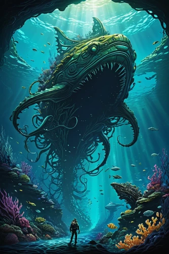 kraken,undersea,under sea,deep sea,nautilus,the bottom of the sea,god of the sea,under the sea,underwater background,marine biology,sea monsters,scuba,deep sea nautilus,bottom of the sea,underwater world,cuthulu,sci fiction illustration,sea-life,sea animal,giant squid,Illustration,Realistic Fantasy,Realistic Fantasy 25