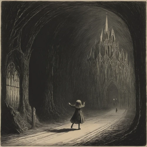 hollow way,tunnel,railway tunnel,catacombs,woman walking,night scene,dark gothic mood,pilgrim,air-raid shelter,passage,canal tunnel,girl walking away,the pied piper of hamelin,vintage halloween,pedestrian,dark park,wall tunnel,pilgrimage,lötschberg tunnel,the victorian era,Illustration,Black and White,Black and White 23