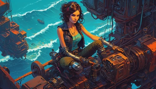 transistor,sci fiction illustration,cyberpunk,transistor checking,rosa ' amber cover,mechanic,scrapyard,junkyard,game illustration,excavator,shipyard,scrap collector,sci fi,mechanical,detail shot,shipwreck,pilot,cybernetics,scifi,renegade,Conceptual Art,Sci-Fi,Sci-Fi 01