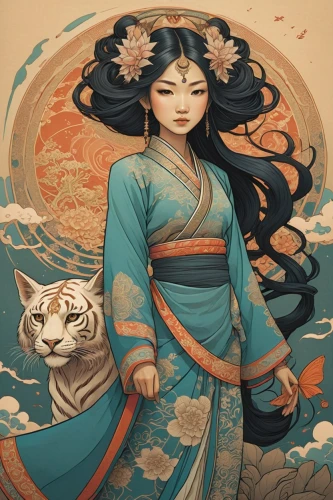 oriental princess,kitsune,japanese art,oriental girl,mulan,geisha,oriental painting,oriental,jasmine blossom,geisha girl,chinese art,asia,tiger lily,fantasy portrait,asian vision,jasmine,asian tiger,water lotus,mukimono,rosa ' amber cover,Illustration,Japanese style,Japanese Style 15