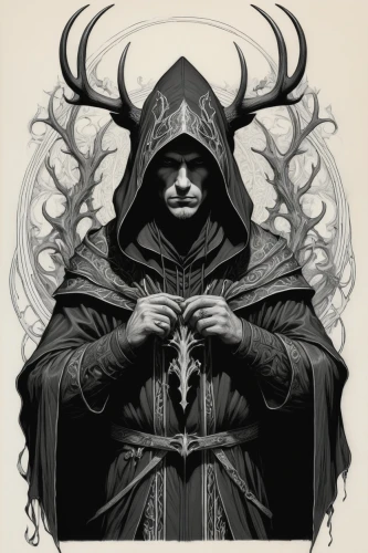 hooded man,druids,death god,reaper,grimm reaper,zodiac sign libra,oryx,dodge warlock,cloak,pagan,magus,death's head,the witch,zodiac,occult,archimandrite,mage,the zodiac sign taurus,daemon,pentagram,Illustration,Black and White,Black and White 01