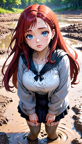 hinata,worried girl,girl in overalls,red-haired,cinnamon girl,girl sitting,kosmea,puddle,girl on the river,red sand,wet girl,nora,background image,redhead doll,anime girl,rusalka,red earth,anime 3d,anime japanese clothing,child girl,Anime,Anime,Cartoon