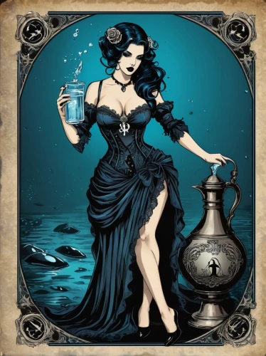 the sea maid,blue enchantress,absinthe,horoscope libra,sorceress,the zodiac sign pisces,horoscope pisces,zodiac sign libra,tarot cards,victorian lady,rusalka,candlemaker,lady of the night,celtic queen,gothic woman,gothic dress,tarot,tour to the sirens,zodiac sign gemini,the enchantress,Illustration,Realistic Fantasy,Realistic Fantasy 46
