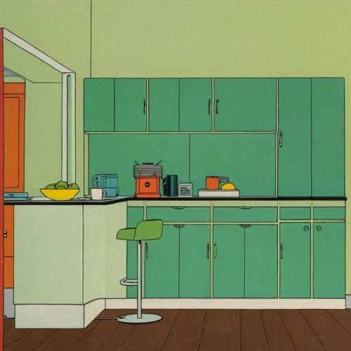 kitchen cabinet,kitchenette,cupboard,cabinetry,kitchen,pantry,the kitchen,cabinets,kitchen interior,mid century modern,mid century,refrigerator,sideboard,kitchen appliance,big kitchen,vintage kitchen,kitchen counter,kitchen shop,kitchen design,spice rack,Illustration,American Style,American Style 15