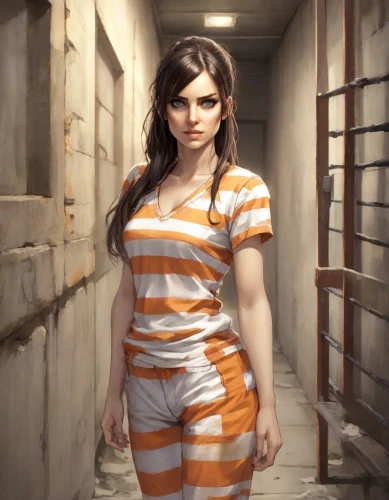 croft,prisoner,prison,detention,chainlink,tied up,handcuffed,jumpsuit,game illustration,lori,arbitrary confinement,bad girl,action-adventure game,criminal,clementine,live escape game,game art,adventure game,blind alley,girl with a gun,Digital Art,Comic