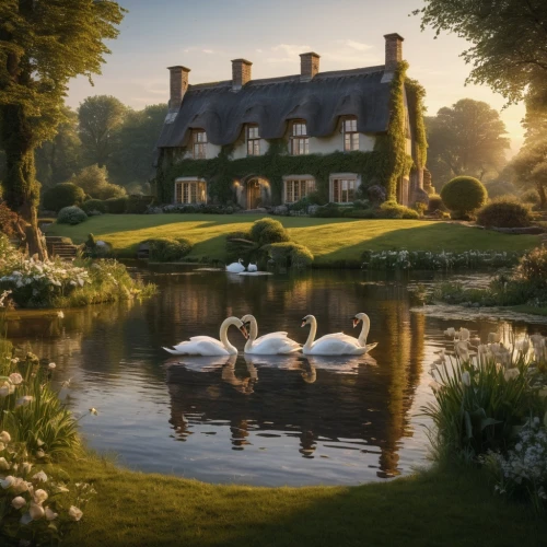 swan family,idyllic,swan lake,summer cottage,country cottage,moated,country house,swan pair,white swan,country estate,home landscape,beautiful home,swan,lilly pond,house with lake,swan boat,holland,baby swans,house by the water,ducks  geese and swans,Photography,General,Natural