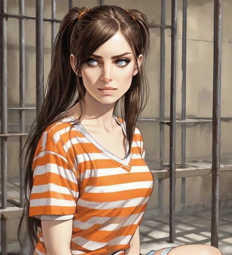 prisoner,detention,horizontal stripes,tied up,girl in t-shirt,croft,girl portrait,striped background,prison,young woman,girl sitting,chainlink,stripes,handcuffed,portrait of a girl,relaxed young girl,clementine,pretty young woman,lori,liberty cotton,Digital Art,Comic