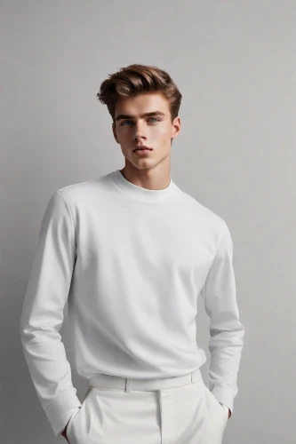 long-sleeved t-shirt,white clothing,male model,white shirt,white-collar worker,men's wear,long underwear,polo shirt,long-sleeve,men clothes,white coat,undershirt,dress shirt,premium shirt,shoulder length,cotton top,menswear,whites,management of hair loss,male poses for drawing,Photography,Realistic