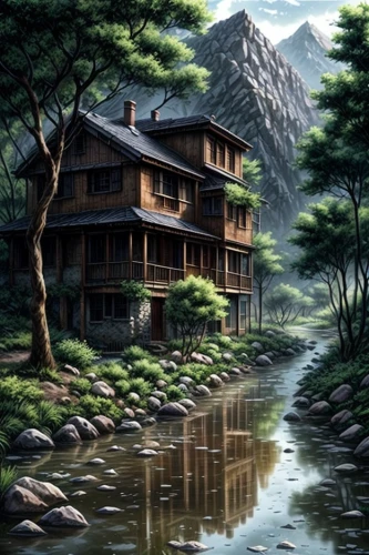 house in mountains,ryokan,japanese architecture,japan landscape,house with lake,house in the mountains,ginkaku-ji,tsukemono,asian architecture,house in the forest,home landscape,house by the water,kyoto,ancient house,beautiful japan,landscape background,japanese art,japanese mountains,wooden house,traditional house