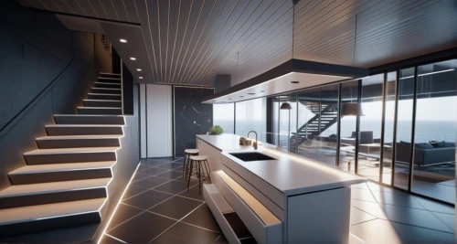 penthouse apartment,modern kitchen,modern kitchen interior,interior modern design,dunes house,outside staircase,sky apartment,kitchen design,winding staircase,wooden stairs,modern house,block balcony,observation deck,daylighting,sliding door,stairwell,smart house,cubic house,modern architecture,contemporary decor,Photography,General,Sci-Fi