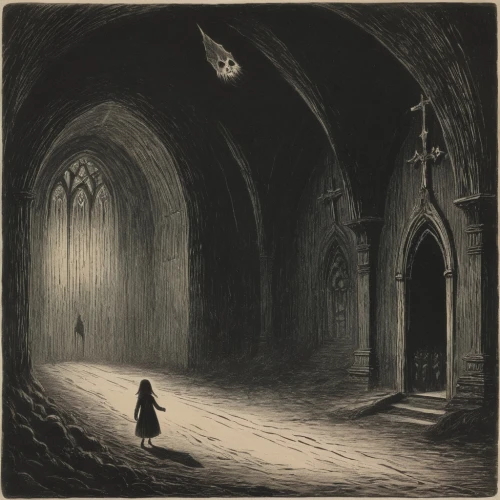haunted cathedral,dark gothic mood,hall of the fallen,abbaye de belloc,gothic portrait,gothic,crypt,sepulchre,gothic woman,gothic church,threshold,pilgrimage,the pied piper of hamelin,the black church,empty hall,gothic style,pall-bearer,the threshold of the house,gothic architecture,benedictine,Illustration,Black and White,Black and White 23