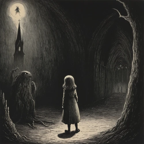 hollow way,pall-bearer,the threshold of the house,dark park,dark art,grave light,the girl in nightie,dark gothic mood,dark world,pilgrimage,hall of the fallen,the little girl,witch house,children's fairy tale,ghost castle,burial ground,night scene,crypt,lamplighter,the pied piper of hamelin,Illustration,Black and White,Black and White 23