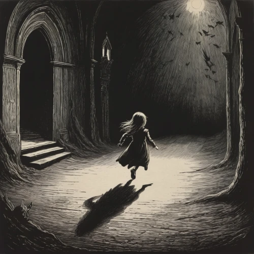 little girl running,girl walking away,the little girl,children's fairy tale,little girl in wind,the girl in nightie,hollow way,dark art,the threshold of the house,threshold,the pied piper of hamelin,ghost girl,dark gothic mood,witch house,little girls walking,grave light,ghost castle,cd cover,haunt,the little girl's room,Illustration,Black and White,Black and White 23