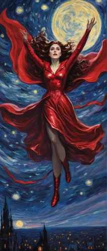 scarlet witch,red cape,fantasia,red riding hood,lady in red,man in red dress,fantasy woman,flying girl,little red riding hood,falling star,queen of the night,cinderella,red coat,herfstanemoon,world digital painting,red gown,celebration of witches,red super hero,luna,queen of hearts,Art,Artistic Painting,Artistic Painting 04