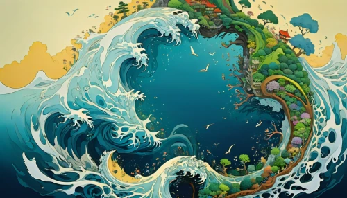 tsunami,tidal wave,green mermaid scale,japanese waves,ocean waves,god of the sea,ocean,whirlpool,ocean pollution,mermaid background,sea god,poseidon,sea,ocean background,fractals art,ocean floor,sea water splash,tide,sea horse,wave pattern,Illustration,Japanese style,Japanese Style 18