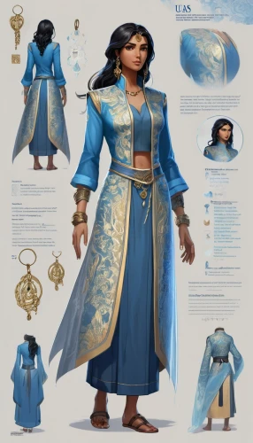 tiana,jasmine blue,suit of the snow maiden,aladha,mulan,jasmine,costume design,blue enchantress,concept art,afar tribe,cassia,tassili n'ajjer,aladin,moana,imperial coat,fairy tale character,priestess,biblical narrative characters,oriental princess,the snow queen,Unique,Design,Character Design