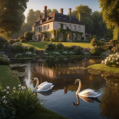 swan lake,idyllic,home landscape,white swan,country estate,country house,summer cottage,swan family,swan pair,idyll,country cottage,swan,stately home,swans,house with lake,crane houses,flock house,lilly pond,moated,country hotel,Photography,General,Natural