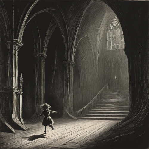 haunted cathedral,abbaye de belloc,the pied piper of hamelin,stieglitz,hall of the fallen,dark gothic mood,sebastian pether,andreas cross,asher durand,child playing,abbey,carl svante hallbeck,atmospheric,the threshold of the house,passage,vintage drawing,charcoal drawing,girl walking away,child with a book,martin fisher,Illustration,Black and White,Black and White 23