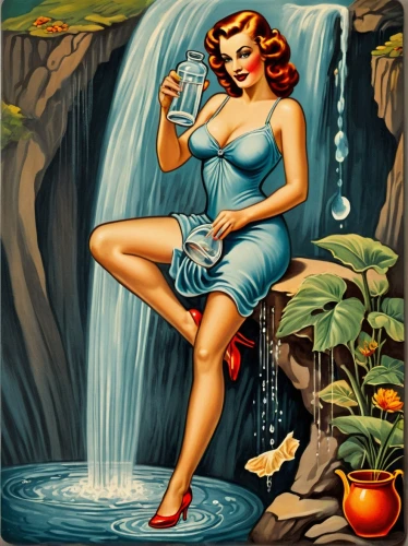 retro pin up girl,pin-up girl,retro pin up girls,water nymph,pin-up,pin up girl,valentine day's pin up,pin up,pin-up model,pin ups,valentine pin up,pinup girl,pin-up girls,the blonde in the river,retro 1950's clip art,agua de valencia,trickle,blue hawaii,fetching water,pin up girls,Illustration,Realistic Fantasy,Realistic Fantasy 40